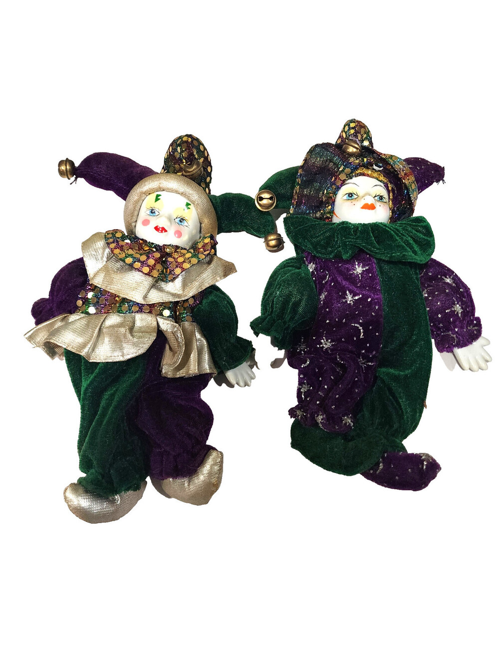 Vintage Porcelain Jester Doll Lot Mardi Gras Harlequin Clown Green Purple 10 Inc